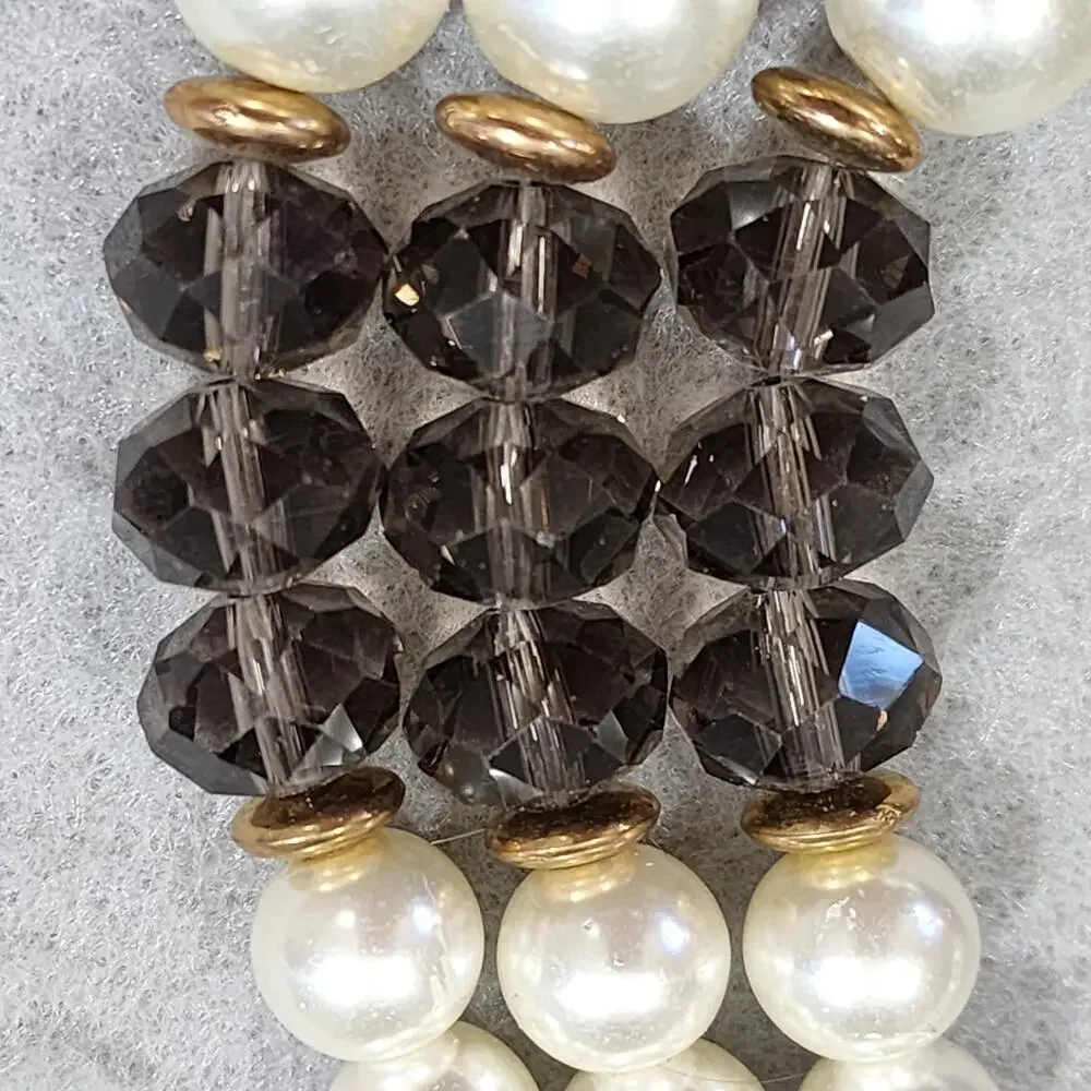 Crystal Necklace Clip-On Earrings Kenneth Jay Lane Three Strand Faux Pearl Brown